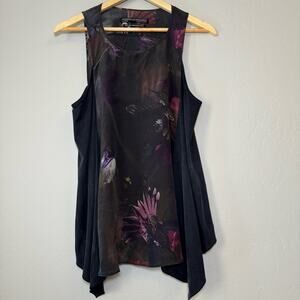 AllSaints Hummingbird Floral Racer Vest Tank Top 100% Silk Dark Floaty Size 8